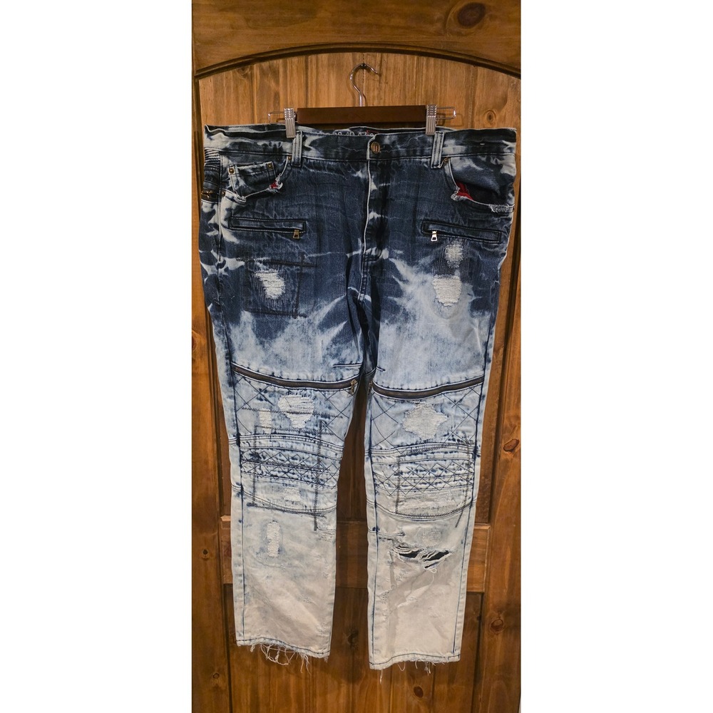 Decibel Moto Jeans Mens 44 Blue Excellent Acid Wash Distressed Biker Denim